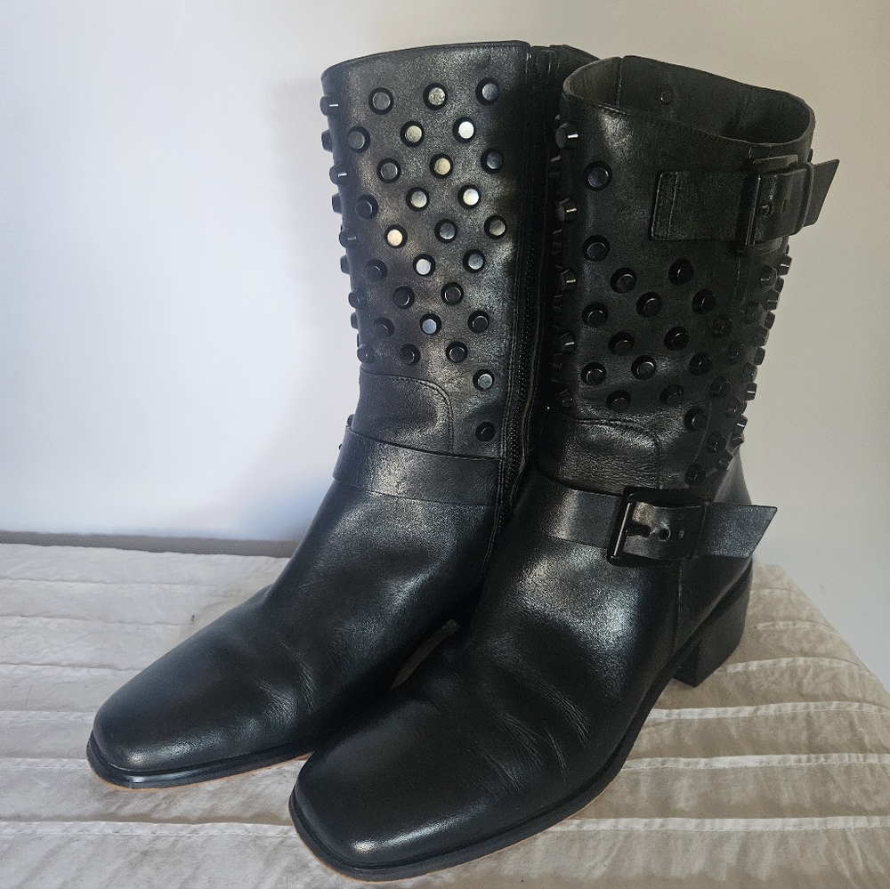Michael Kors Bryn Black Moto Biker Style Studded Leather Boots